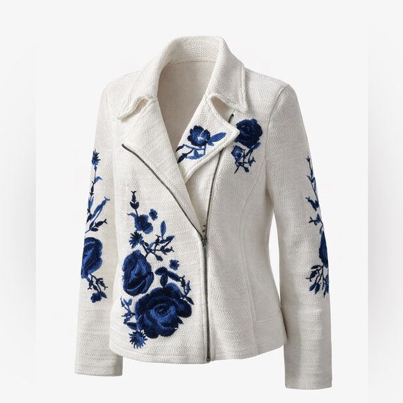 Chico's Jackets & Blazers - New! $169 Chico’s White Blazer Jacket w/ Blue Floral Embroidered Design sz 2 / L